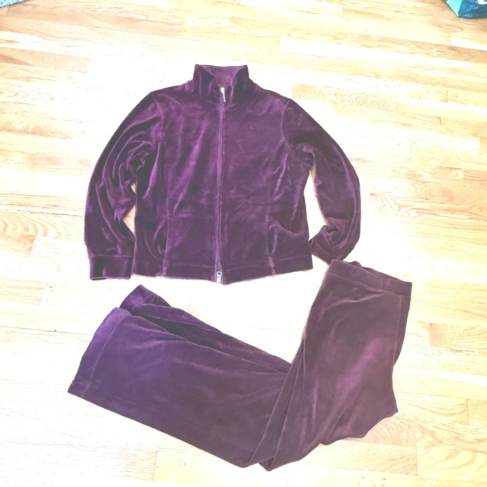 Amber Sun Womens Petite L Velour Tracksuit Set Plum Purple Zip Jacket Pants